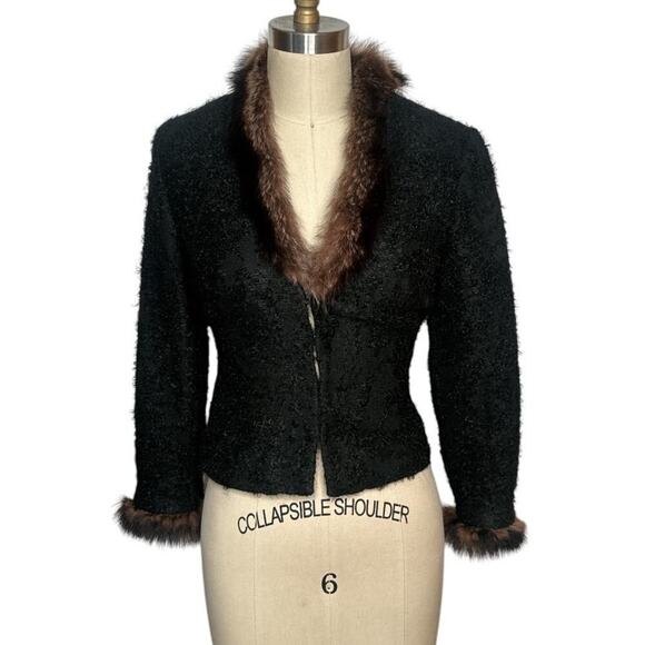 Walter Black Boucle Wool Mohair Blend W. Fur Rabbit Trim Jacket Blazer Size 0 - Picture 1 of 10